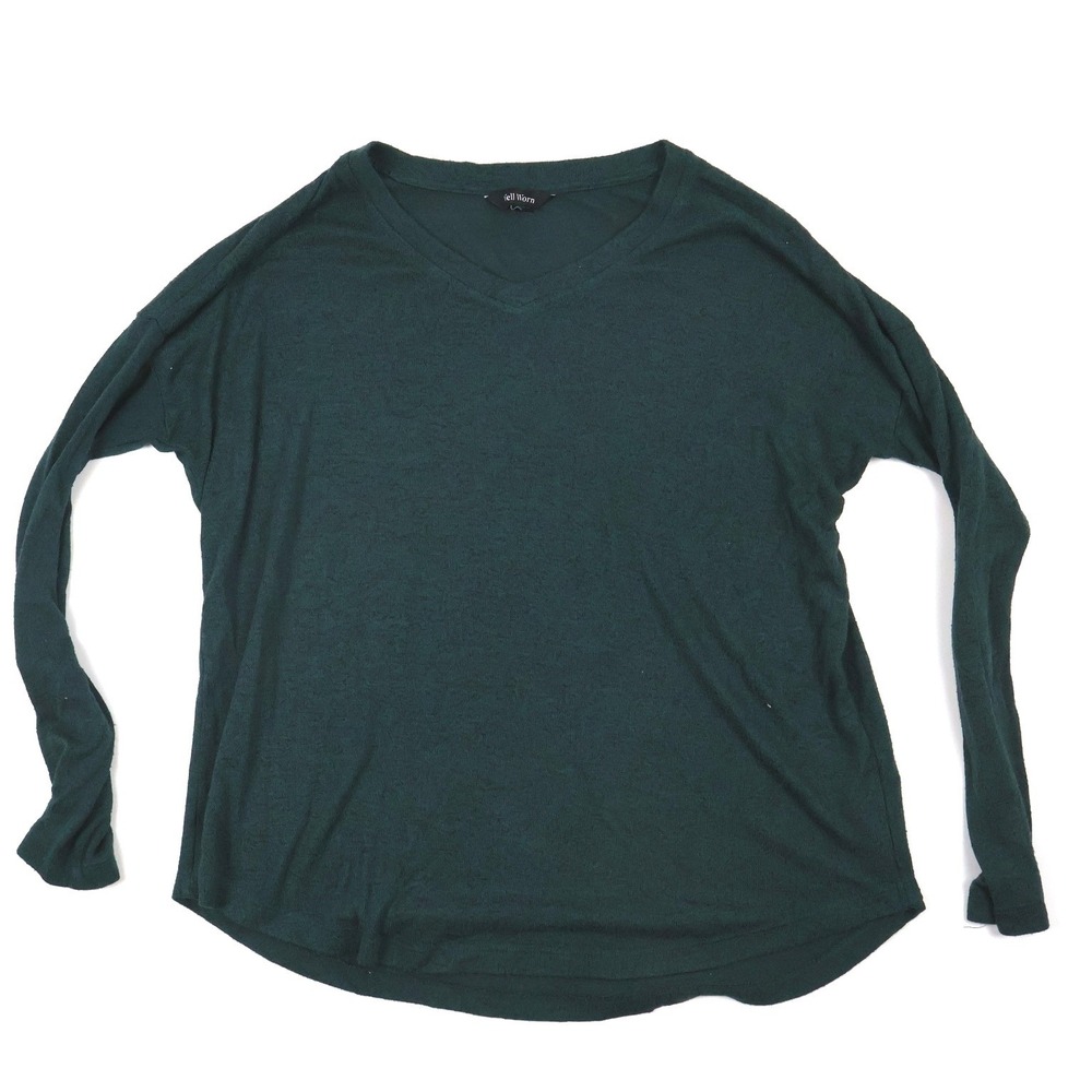 Well Worn V-Neck Long Sleeve Knit Top Forest Green Solid Small